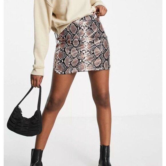 Asos Faux Vegan Leather Brown Animal Snake Print Mini Skirt NWT Small Women - Picture 1 of 12